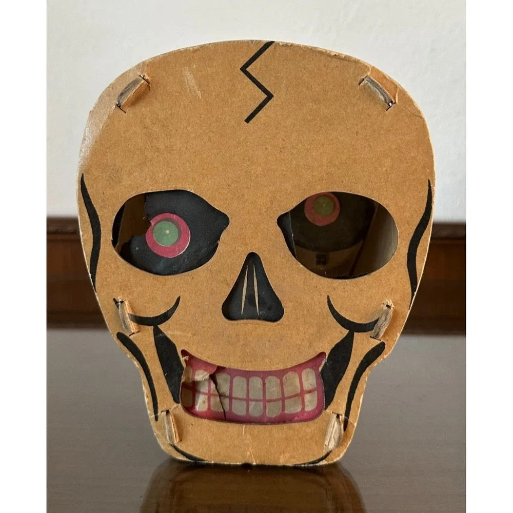 1936-1950's Antique Vintage Halloween 2-Sided Skull Lantern Decor Dolly Toy READ